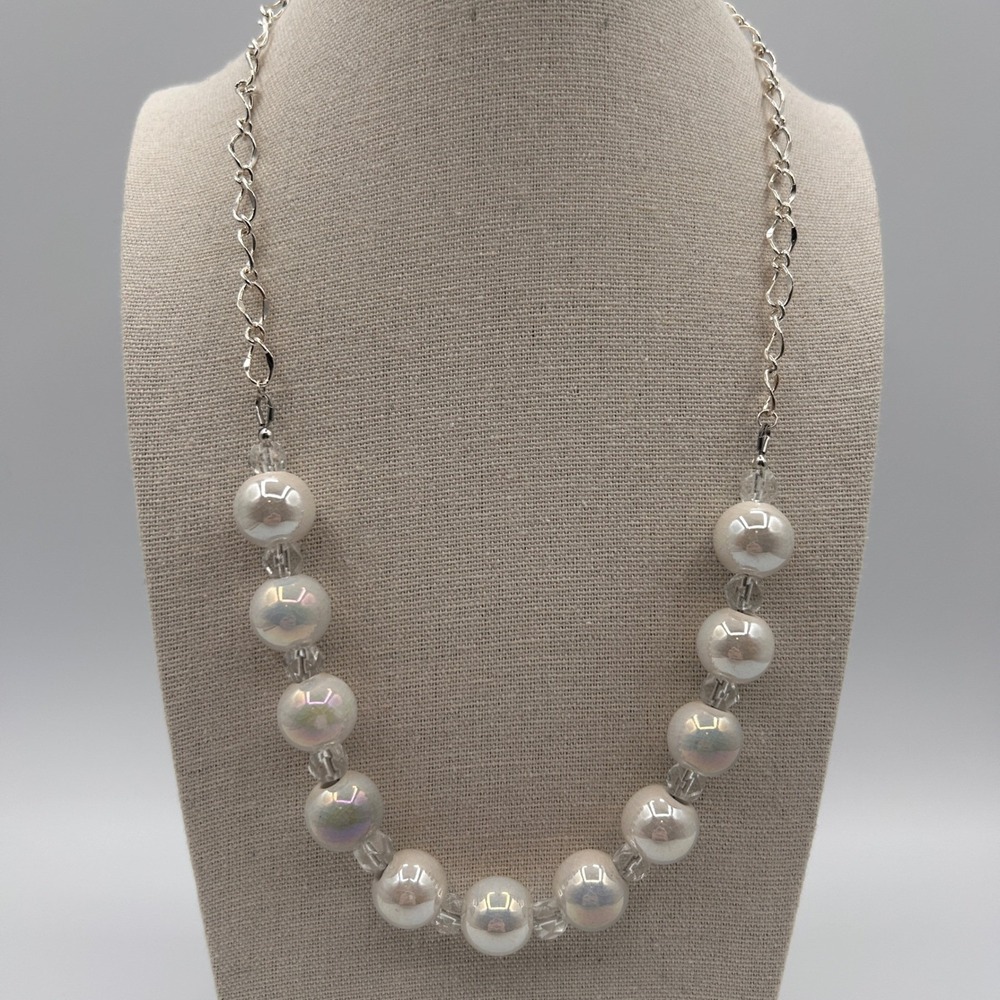 Iridescent Faux Pearl and Clear Bead Necklace Silver Tone Single Strand 20"